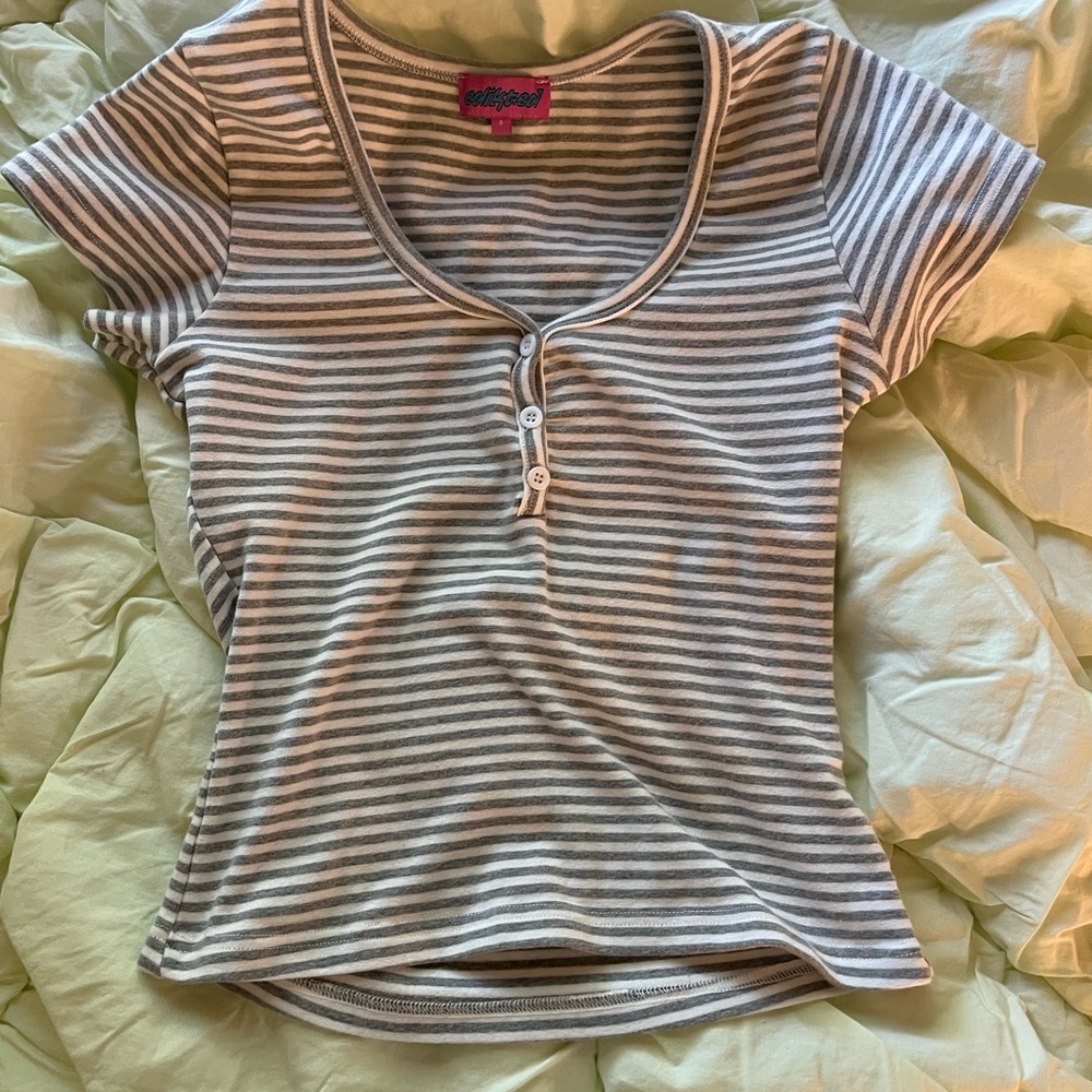 Edikted Gray and White Striped Fitted Top
